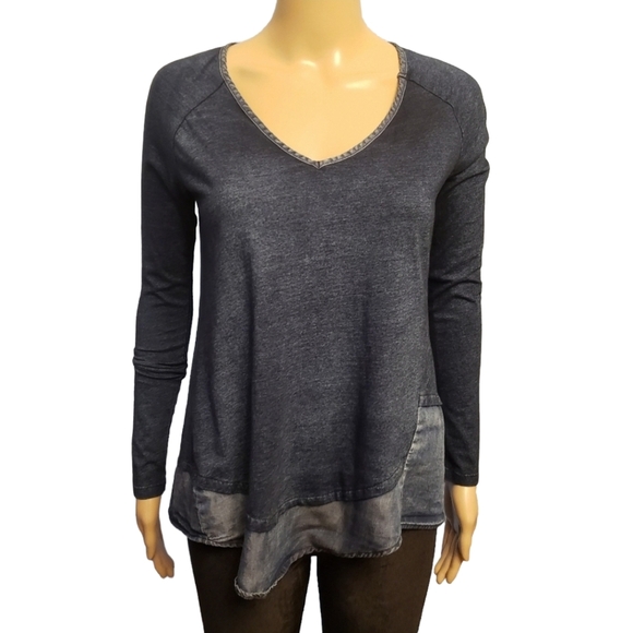 moon & sky Tops - Asymmetrical V-neck Denim Look Shirt